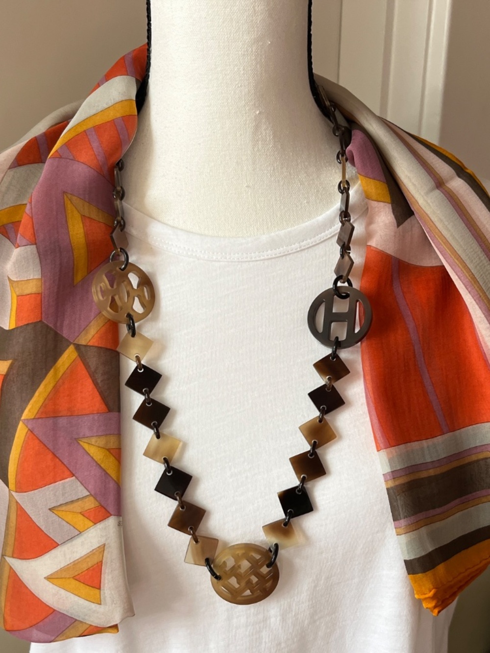 Preloved HERMES authentic Buffalo Horn LENA necklace Brown Natural 30 inches